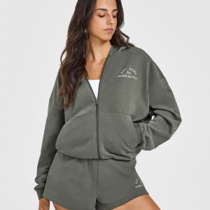 Lightweight Zip Through Hoodie with Graphic Dark Khaki