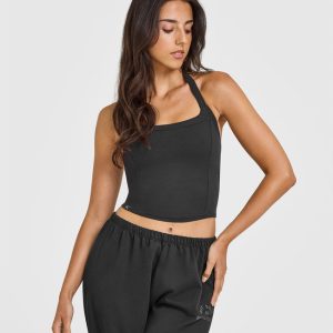 Mellow™ Rib Halter Neck Mid Vest with Built in Bra Shelf Soft Black
