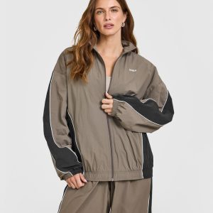 Oversized Piped Woven Track Jacket Moss Brown